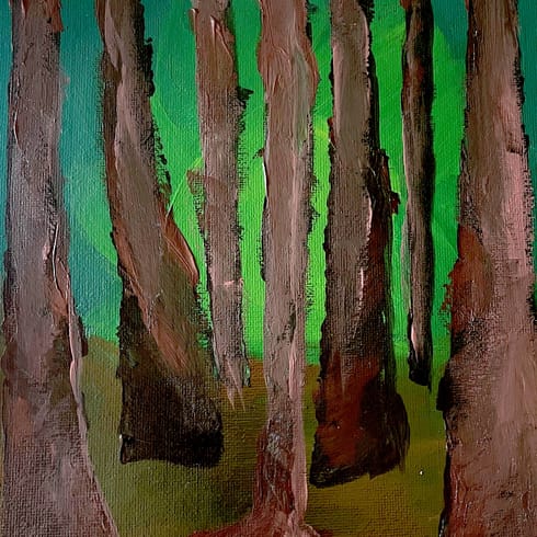 An acrylic painting of brown trees in a wood. There is an ominous green light in the background.