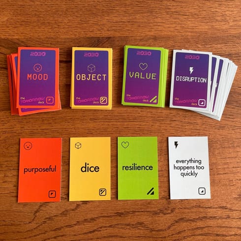 Cards from The Tomorrow Deck arranged on a wood table