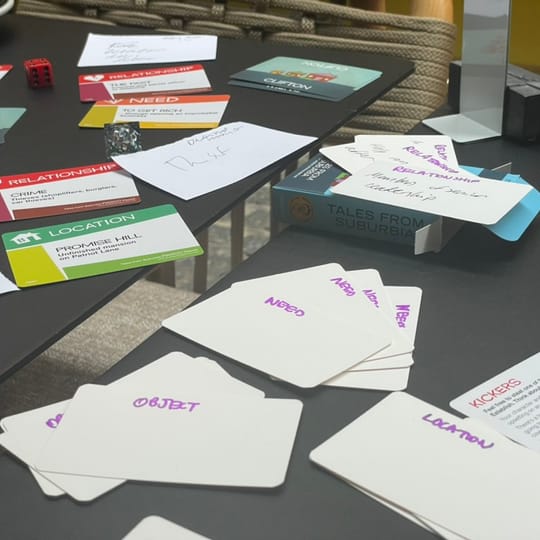 A table full of white cards with the words "object", "need", and "location" on, along with a few cards from the game Fiasco.