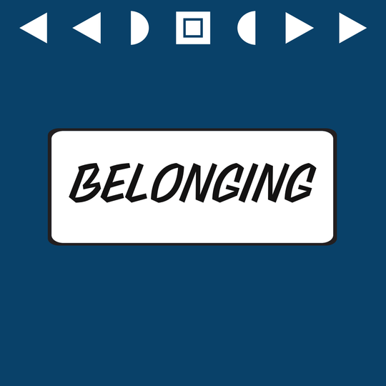 A dark blue background featuring the word "Belonging" in the centre and geometric shapes around the outside.